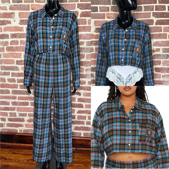 Savage x Fenty Tied Up Tartan Raw Hem Cropped Sleep Shirt in Blue Size S - Picture 8 of 8